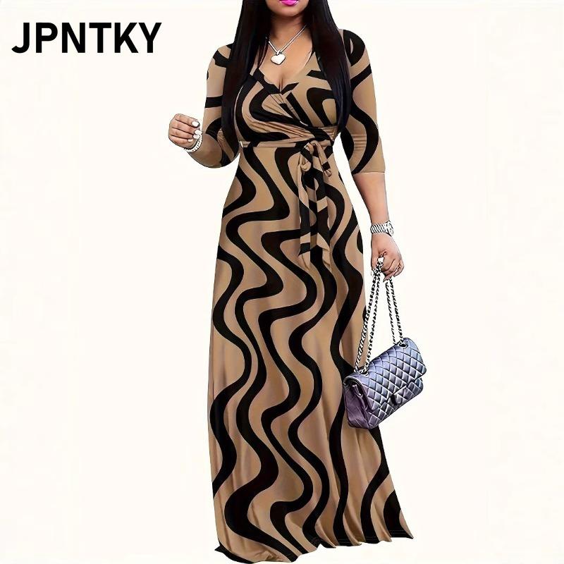 JPNTKY Fashion V-Neck 3/4 Sleeves Casual Dresses