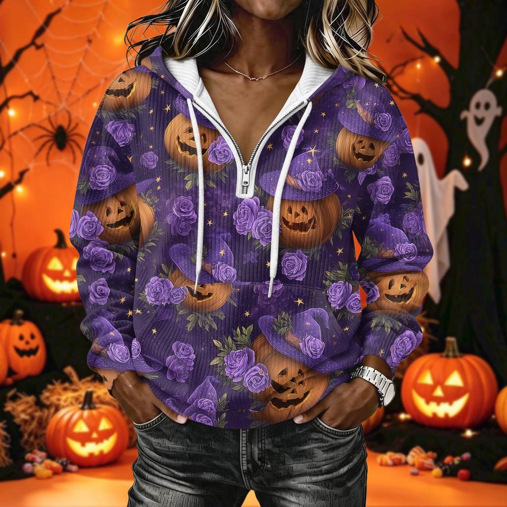 Women's Long Sleeve Halloween Print Pullover Hoodie Sweatshirt with