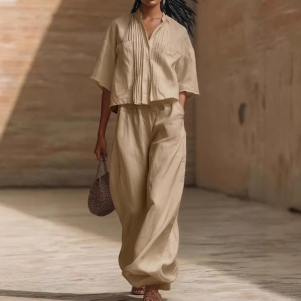 women's Pleated Stand Collar 2 Piece Set Short Sleeve Shirt Wide Leg Pants Casual Summer Outfit