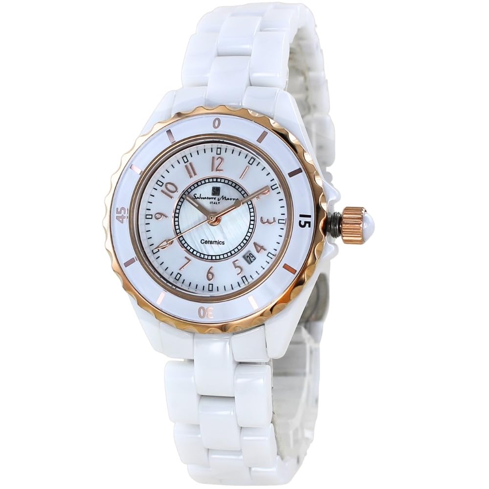 Salvatore Marra Women's Ceramic Watch Gift Set, Rotating Bezel Series, White/Rose Gold, Gift-Wrapped, Date Display