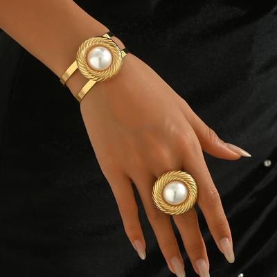 Wind Ladies Bracelet Ring Set Niche Geometric Ring Design Bracelet with Pearl Index Finger Ring Women