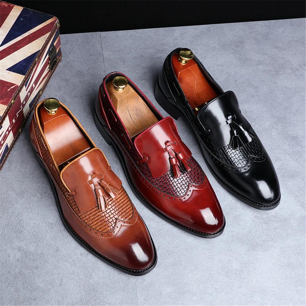 Classic Genuine Leather Loafers Men's Slip-On Dress Shoes Solid Round Toe Oxfords Shoes Men's Genuine Leather Loafers Slip-On