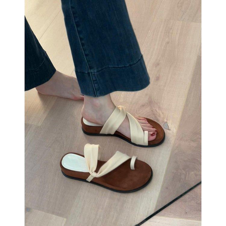 Sheepskin~ French round head cover toe cool slippers women's summer outer wear temperament with skirt thick sole with two sandals