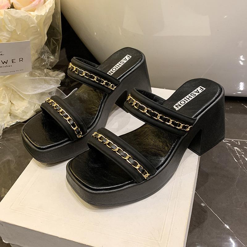 

Нишевый дизайн 2025 лето новые высококлассные квадратный носок толстый каблук модные женские шлепанцы высококлассный темперамент крутые шлепанцы 42 чёрный