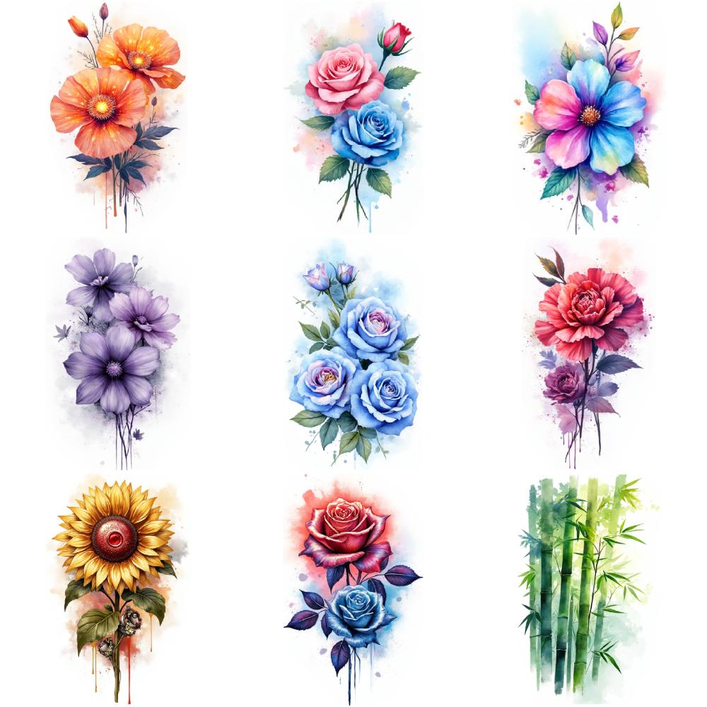 9pcs Temporary Tattoo Botanical Design Waterproof Long-lasting Body Stickers Floral Tattoo Rose Arrangement For Girls Cheeks