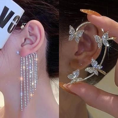 Luxury Shining Zircon Rhinestone Long Tassel Ear Clip Ear Cuff Exquisite Vintage Clip Earrings Wedding Party Jewelry