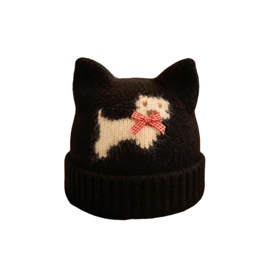 Warm Lining Cat Ear Beanie 56-58cm Puppy Pattern Earflap Hat Fleece Lined Knitted Hat For Students