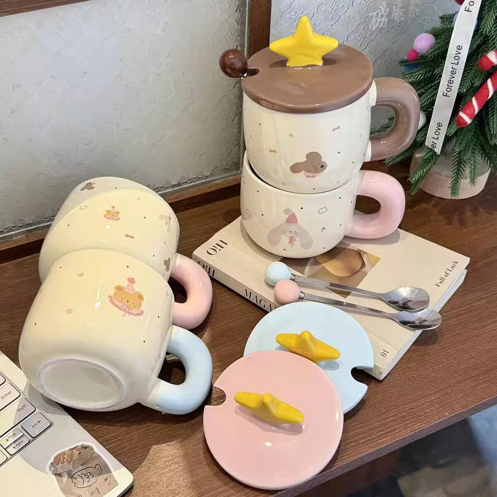 High value mug with lid spoon cute ceramic cup household water cup women's office coffee breakfast cup couple