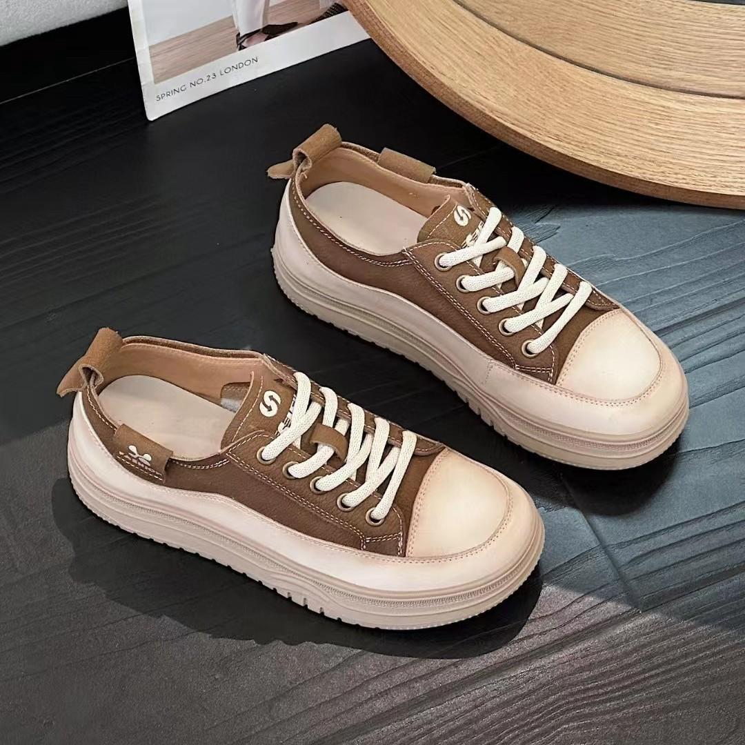 

Little white shoes women s first layer cowhide new retro sports and leisure shoes lace up thick sole lightweight soft baseplate shoes 40 коричневий