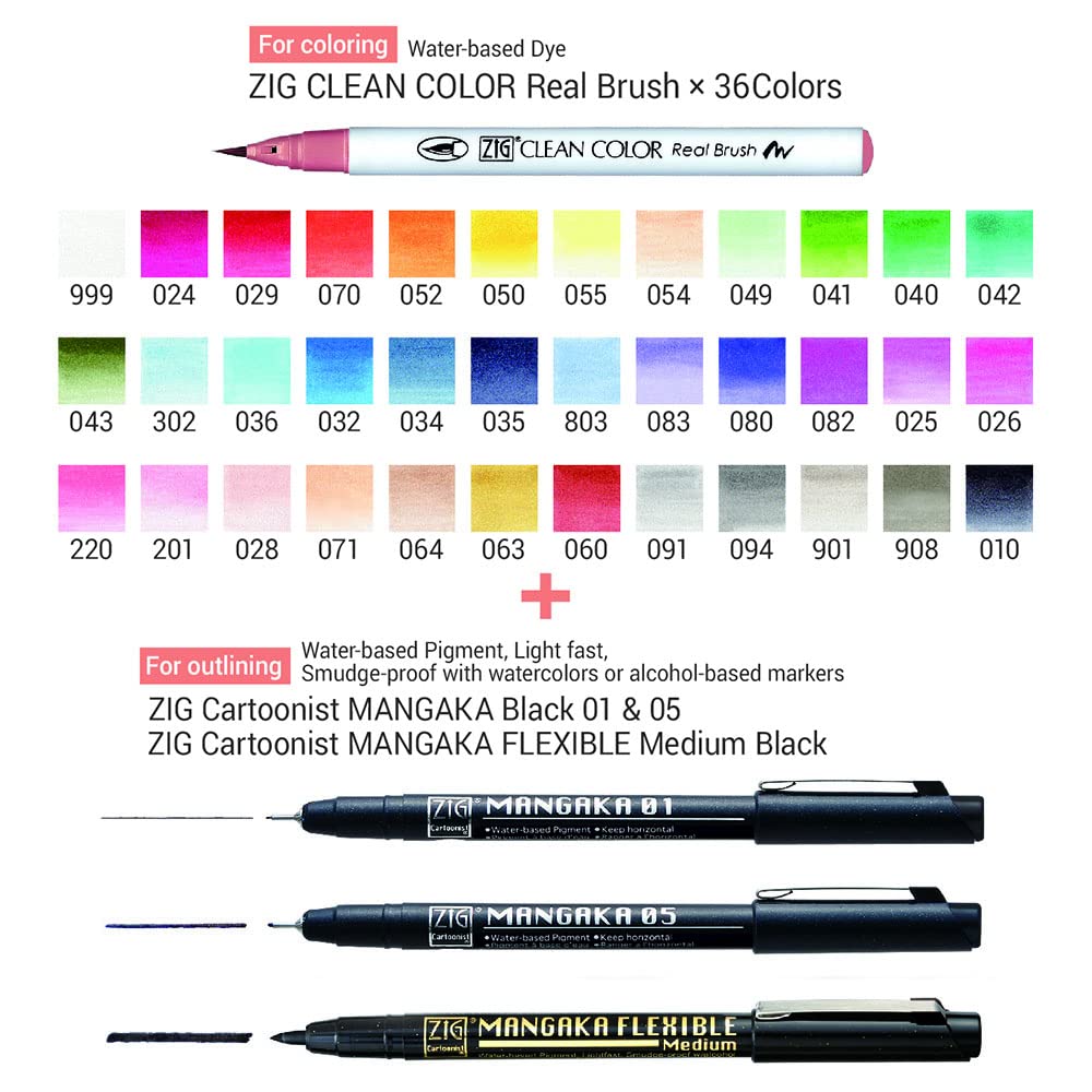 Kuretake Brush Pen Set: Clean Color Real Brush + MANGAKA with Pouch RBCN160/39V