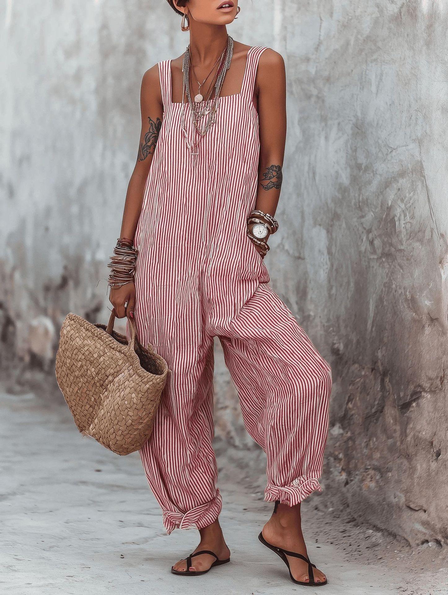 Women Sleeveless Striped Loose Casual High Waist Jumpsuit S красный