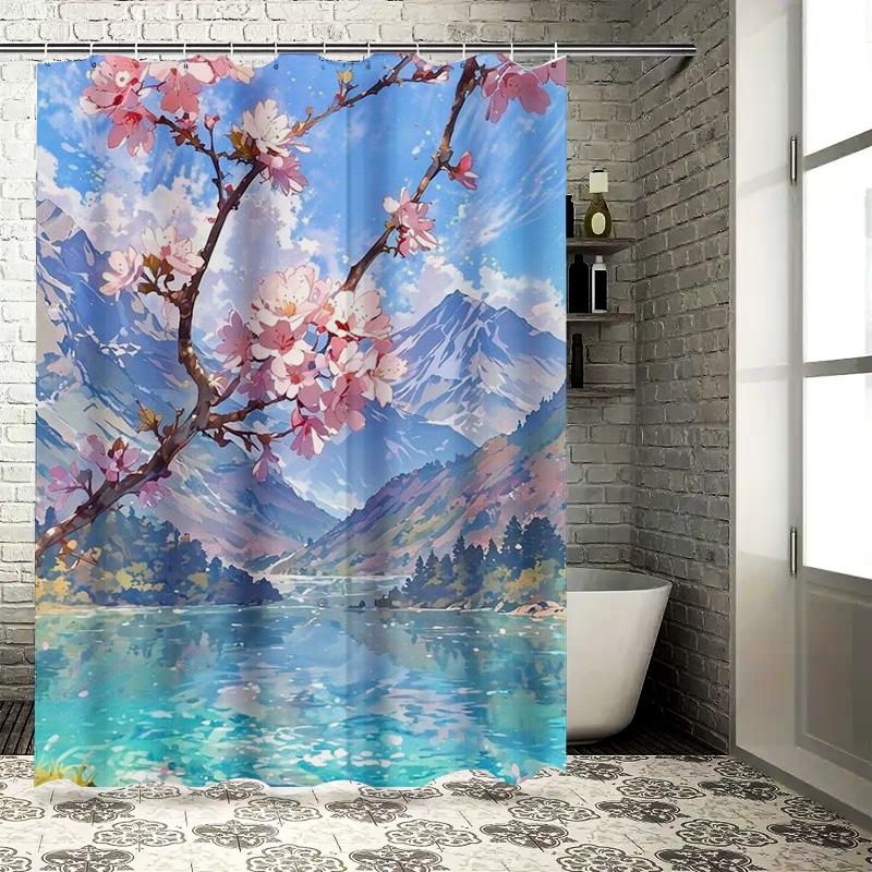 

Cherry Blossom Mountain Lake Design Waterproof Shower Curtain Heat Resistant Machine Washable Non-Transparent 180x180cm 90X180cm(35x70in)