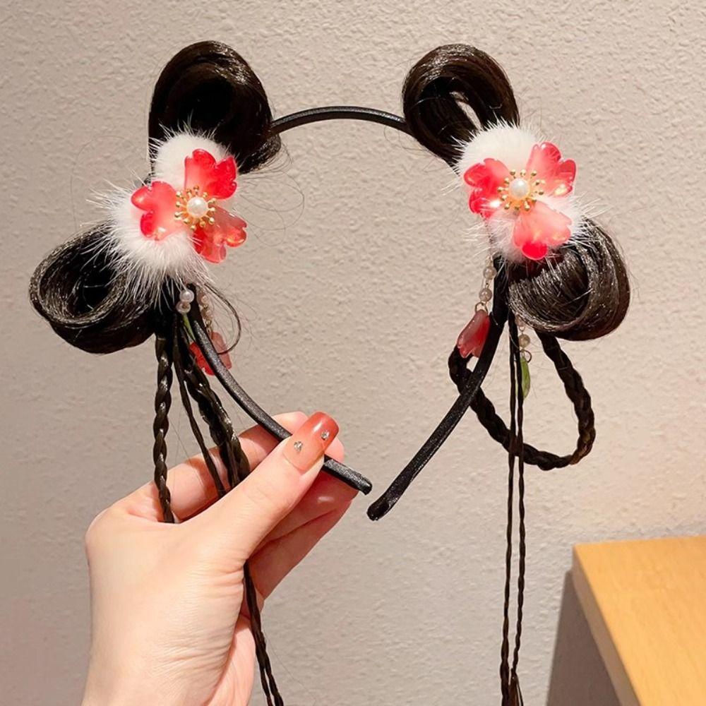 Flower Chinese New Year Headwear Braid Hair Hanfu Hair Sticks Sweet Red Bow Hairband Children