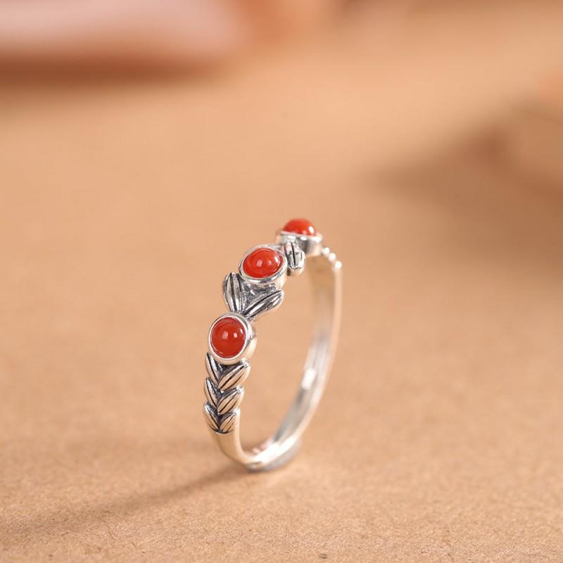 Adjustable Open Ring With Red Agate Wheat Motif Minimalist Vintage Boho Jewelry Women Men Adjustable Open Band
