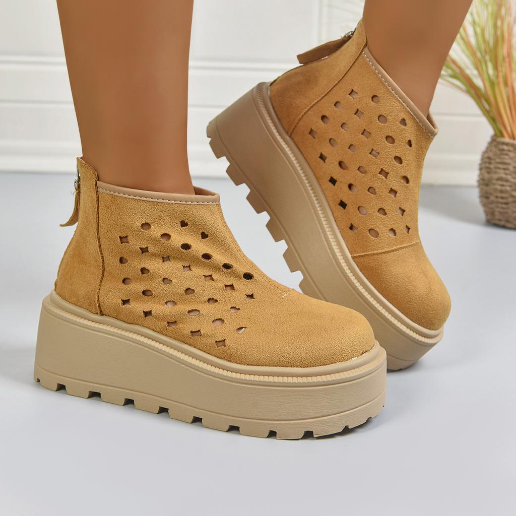 Fashion Chunky Platform Thick Bottom Ankle Boots Women 2025 Khaki Suede Back Zippers Hollow Out Summer Boots Fashion Plus Size Shoes