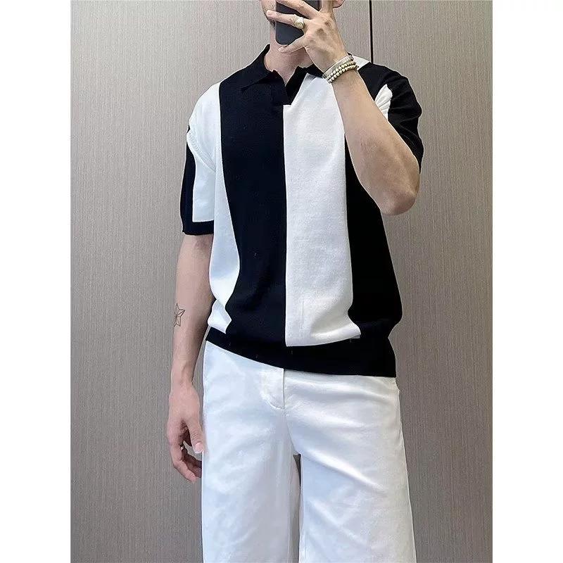 

Ice Silk Short Sleeve T-Shirt for Men Korean Style Trendy New Summer Color-Block Personality Tee Slim Fit Knitted Round Neck Short T-Shirt for Men 3XL сірий колір