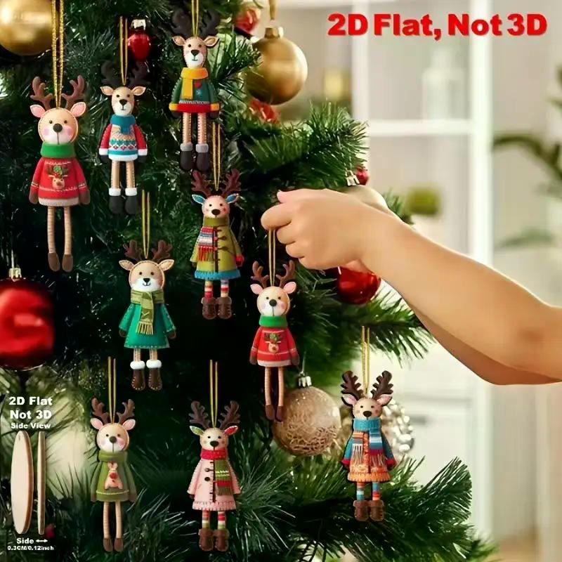 16Pcs 2D Colorful Christmas Reindeer Wooden Pendant Ornament Cartoon Christmas Tree Hanging Decoration For Home New Year Gift