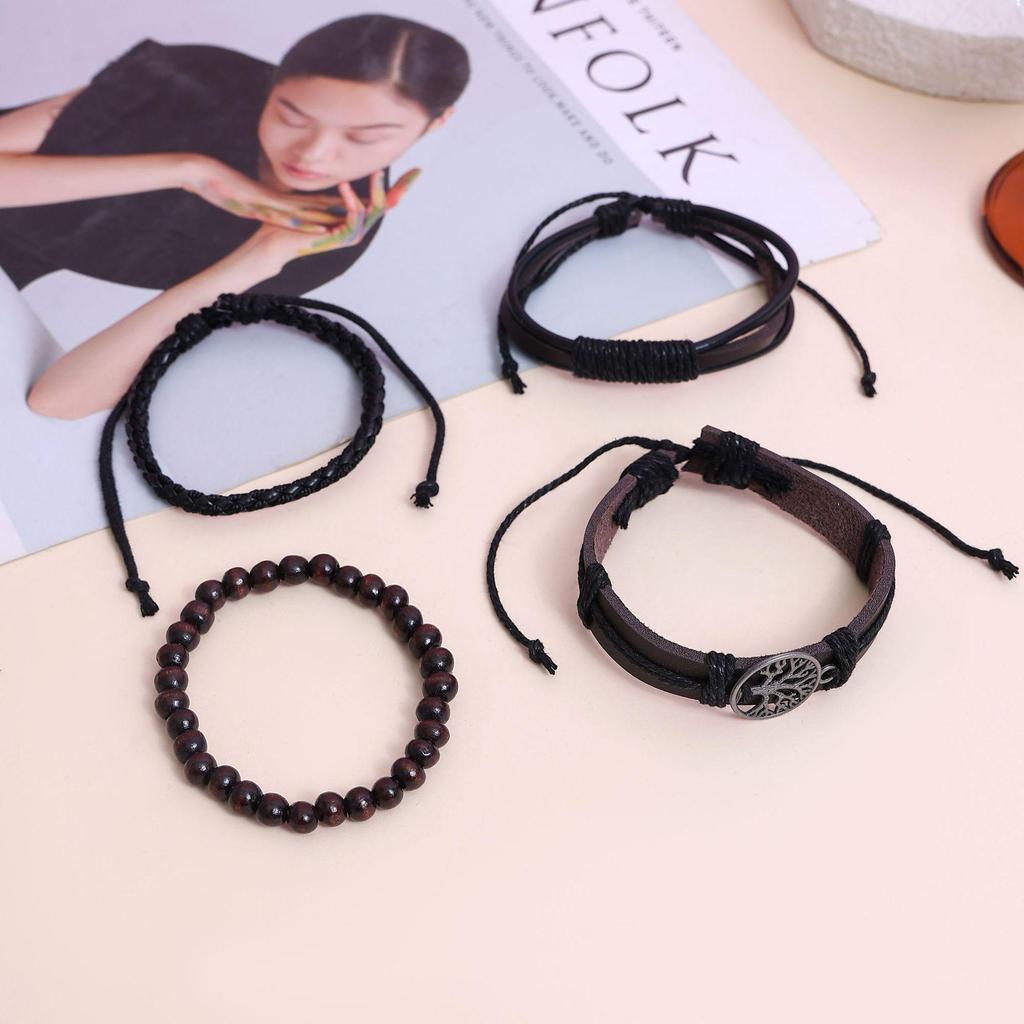 Handmade Vintage Braided Leather Bracelet - Unisex Adjustable Beaded Bangle