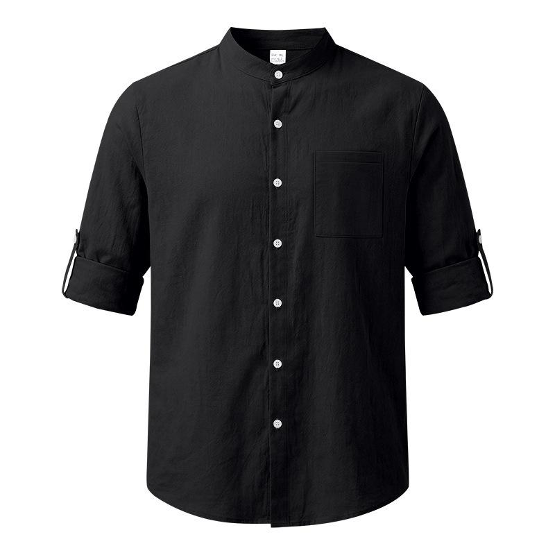 Men Linen‑Blend Button‑Down Shirt Stand Collar Chest Patch Pocket Roll‑Up Sleeve Button Tab Lightweight Breathable Wrinkle‑Resistant Casual Beach Top