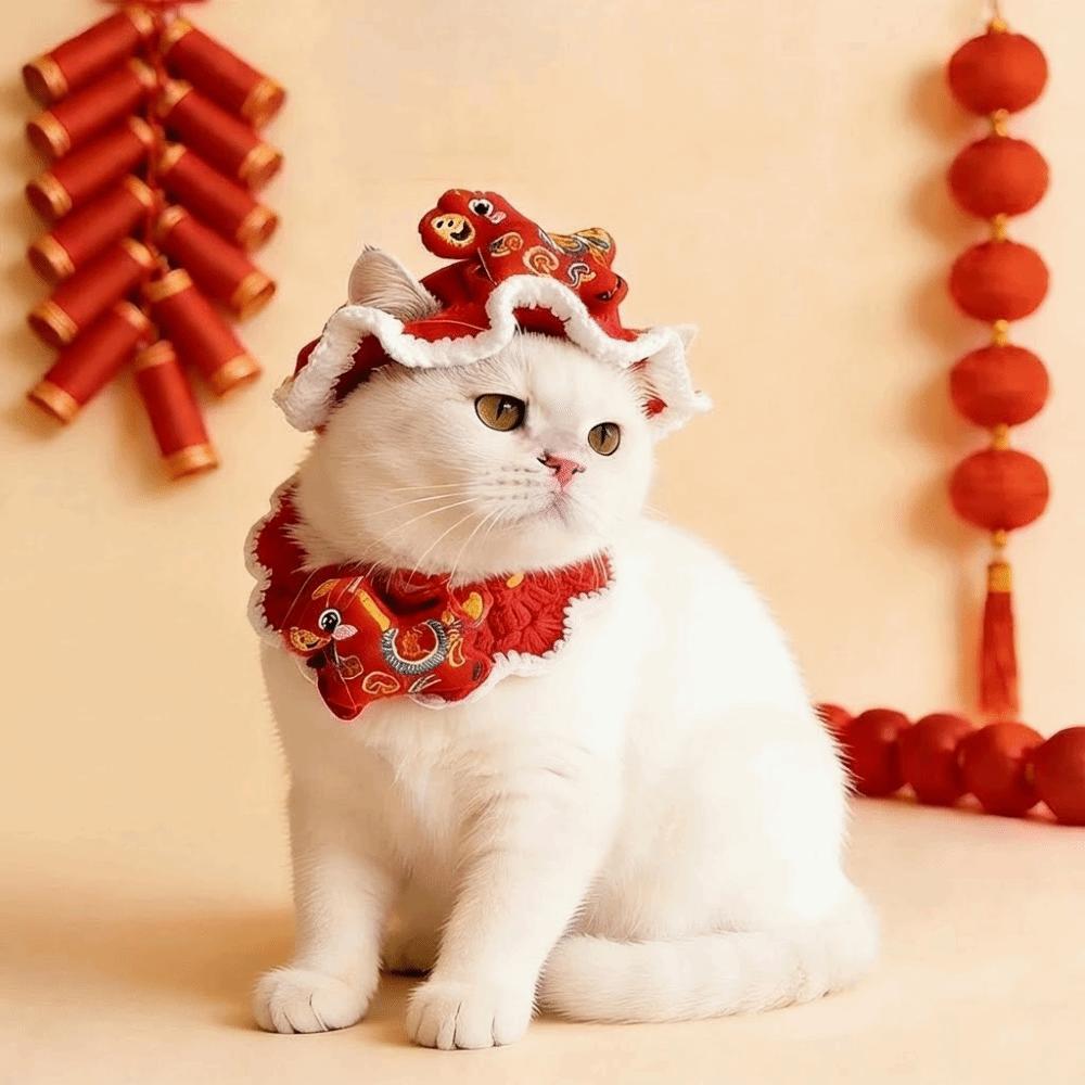 Funny Cartoon Chinese Style Pet Scarf Zodiac Horse Design Red Pet Knitted Hat Adjustable Elastic Cat Collar Pet Costume