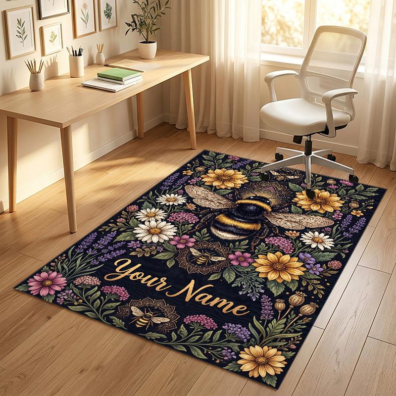 Bee Theme Soft Crystal Velvet Rug Custom Name & Text Print Non Slip Floor Rug for Bedroom Living Room