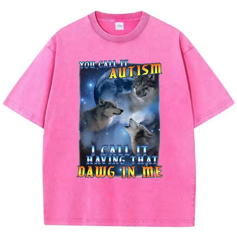 Retro Autism Wolf T Shirt Vintage Washed Cotton TShirt Graphic Tee Casual Streetwear for Spring Summer Fall