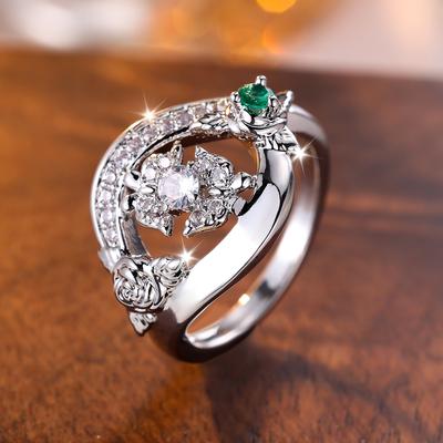 Classic White Green Zircon Rings for Women Silver Color Flower Finger Ring Wedding Party Gift Female Jewelry
