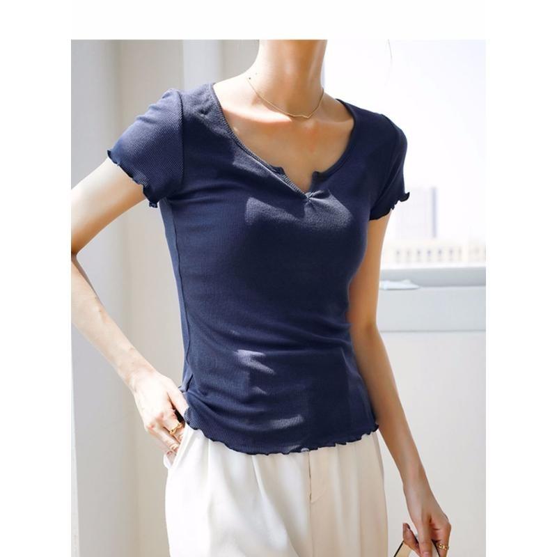 T-shirt da Donna Bianca Scollo a V Orlo Sfilacciato Manica Corta Aderente Morbida Elastica Casual Base