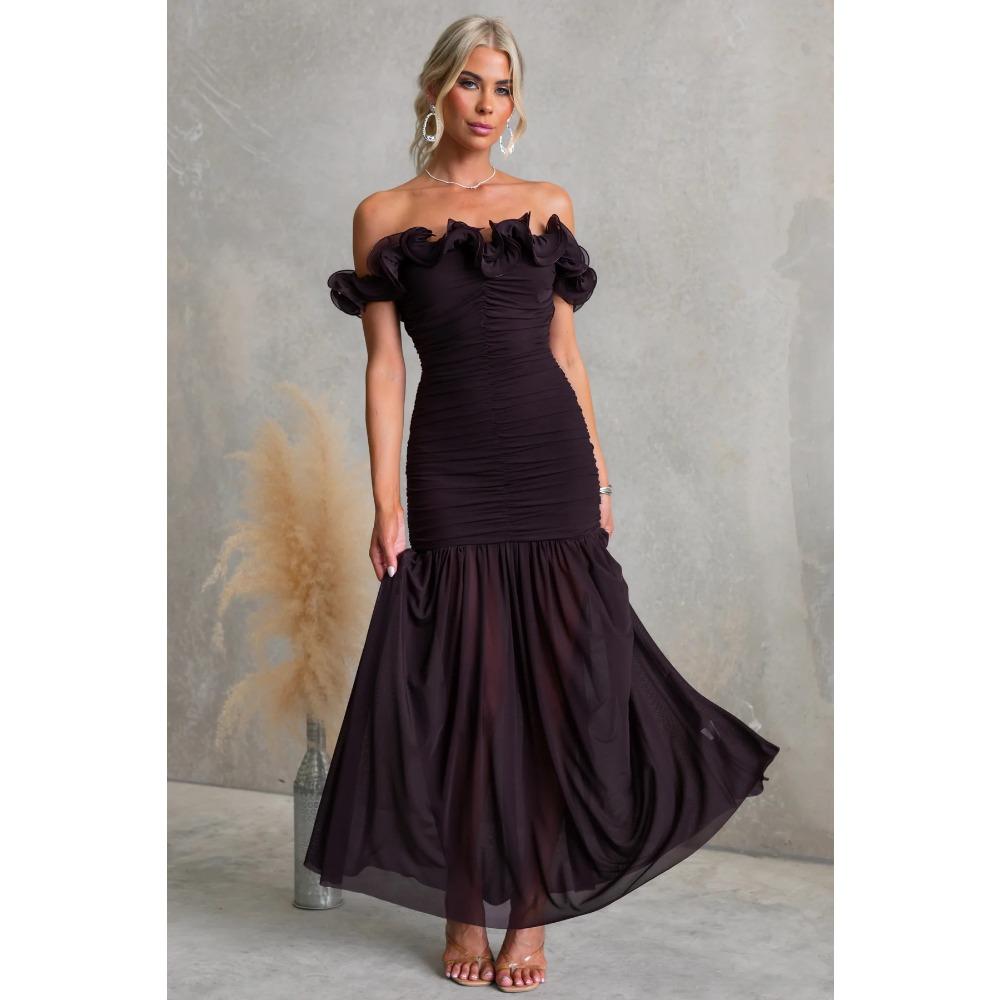 Frühling und Sommer in Europa, Amerika, Unifarbene Netzstoff-Passform Sexy Urlaubsstil One-Shoulder-Kleid 120