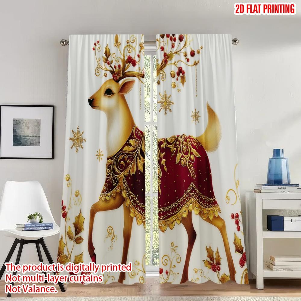 

2pcs 2D flat printing Christmas Party Curtains Christmas Reindeer Holly Gold Digital Printed Polyester Drapes Festive Curtains 100*130 Rod Pocket 1pcs