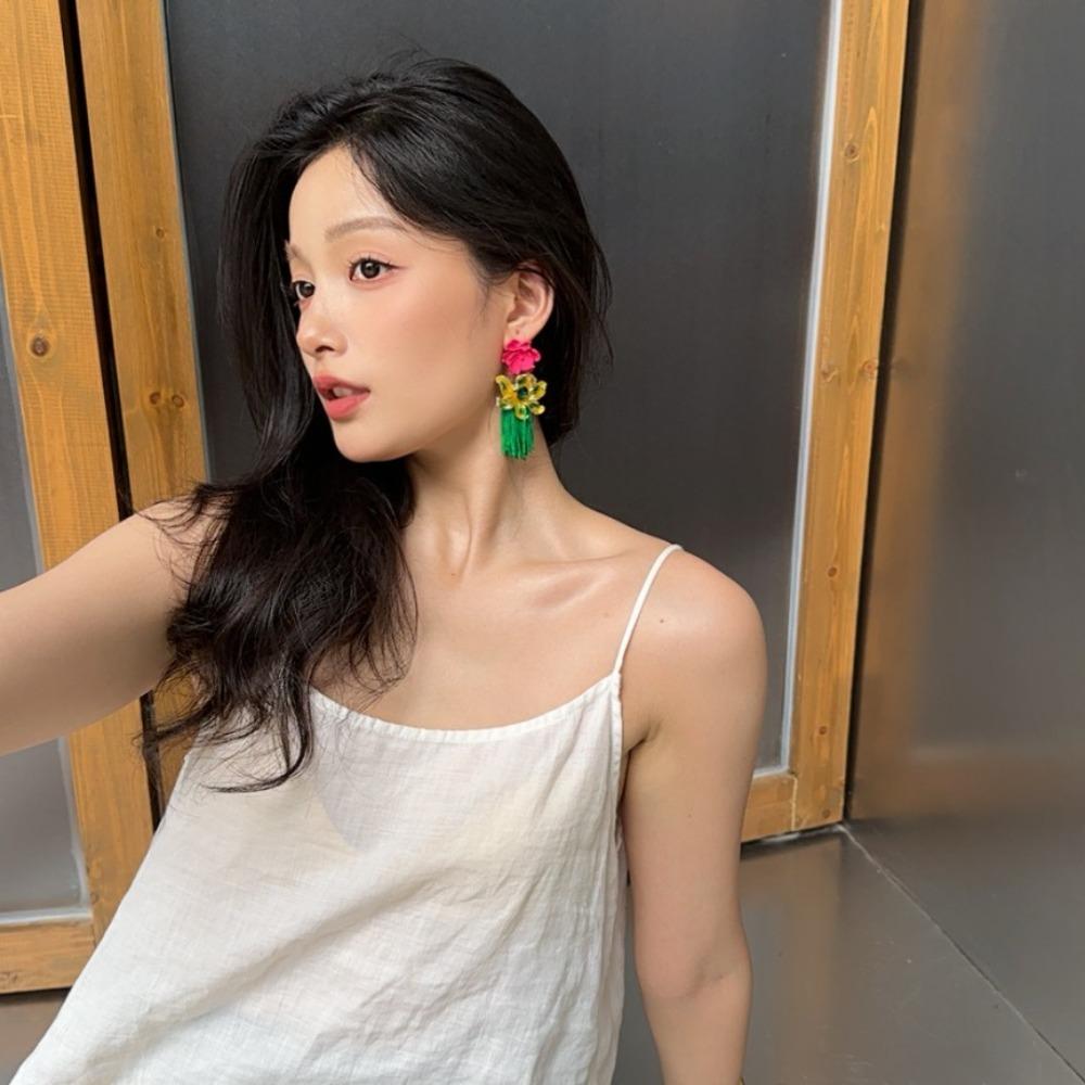 Tassel Flower Drop Earrings Rhinestone Sweet  Earrings Trendy Bohemian Earrings Women  Gift