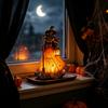 Spooky Home Decor Ornament Halloween Witch Tabletop Lamp, Gothic Night Light with Broom & Lantern, Desktop for Bedroom USB Powered Ambient Mantel