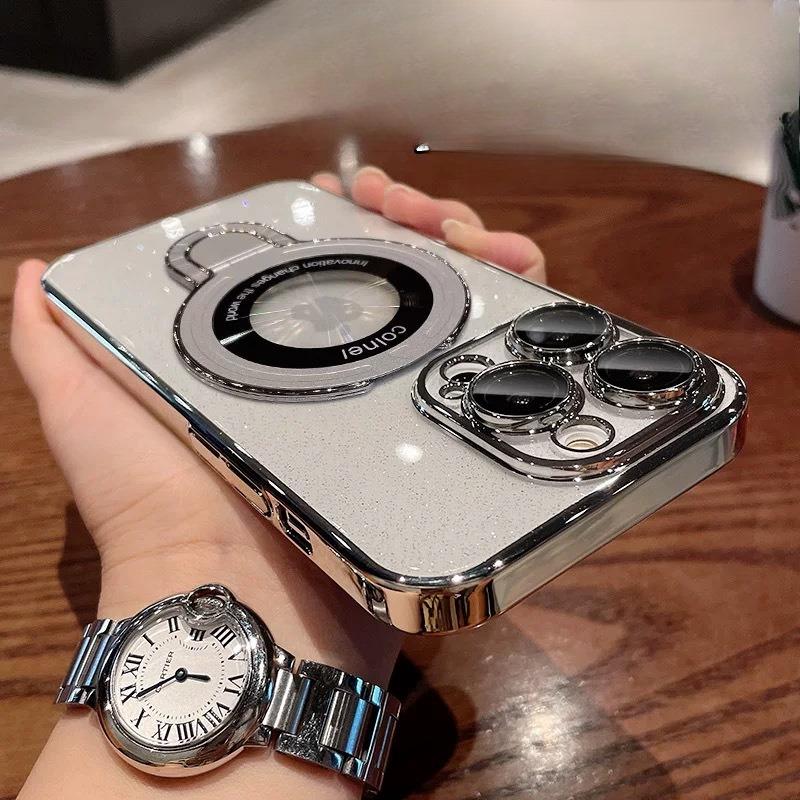 Applicable To IPhone17 Plating Flash Powder Leakage Mark Magnetic Suction Bracket Mobile Phone Case Apple 16pro Lens Film Protection Case