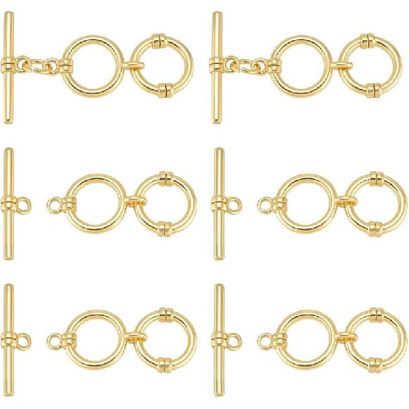 BENECREAT 6 Pcs Real 14K Gold Plated Brass Toggle Clasps with Jump Rings, 1.6 Inch 2 Round Rings Adjustable T-Bar Closure Clasps for Necklaces