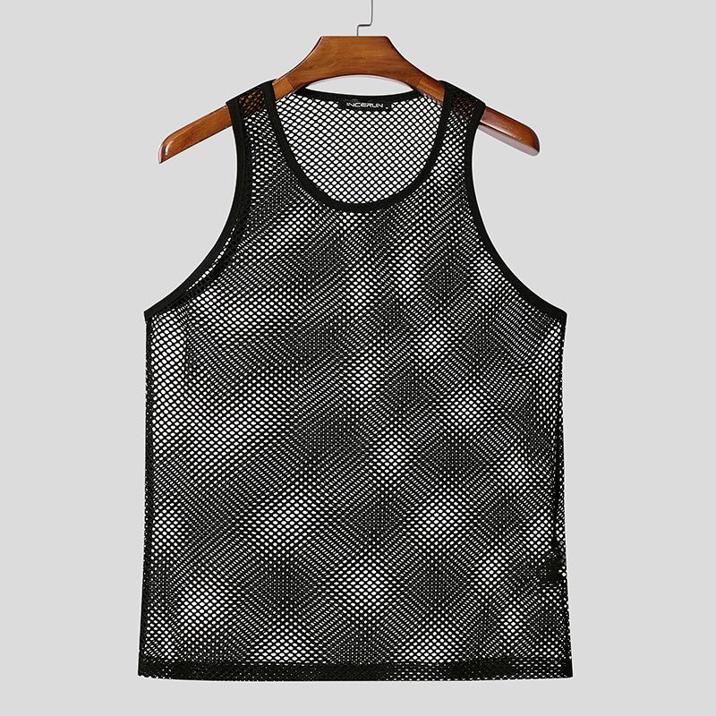 INCERUN Summer Men's Hollow Out Sleeveless Sheer Mesh Tank Tops