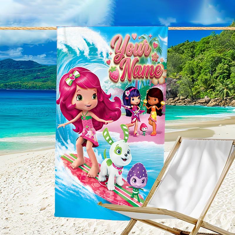 1pc Princess Strawberry Beach Towel with Custom Name, Beach and Seaside Swimming Pool Equipment, Fashion Pattern, Rectangular, Travel Essential