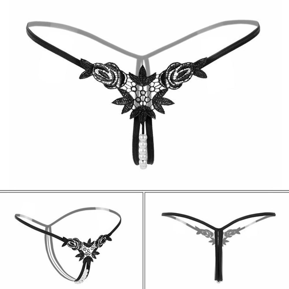 Hollow Open Crotch Lace Pearl Panties Low Waist Thin Belt Thong Valentine's Day Gift