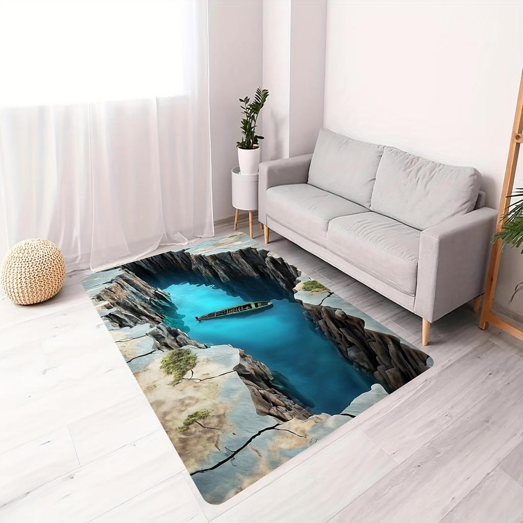 Deep CanyonRiver Boat Rug 3D Natural Scenery Living RoomCenterpiece Eco-Friendly Flooring Anti slip carpet can be machine washed
