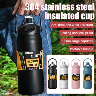 Tragbare Thermoskanne mit Strohhalm 304 Edelstahl Thermobecher Becher Kaffeetasse Sport Vakuumflaschen Kalt- und Wärmflasche