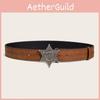 Letter Silver Star Buckle Texture Printed Pattern Belt For Both Men Women And