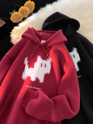 Męska bluza z kapturem w stylu retro amerykańskim z motywem kotka - Ciężka, z podszewką z polaru, Oversize, na wiosnę i jesień.