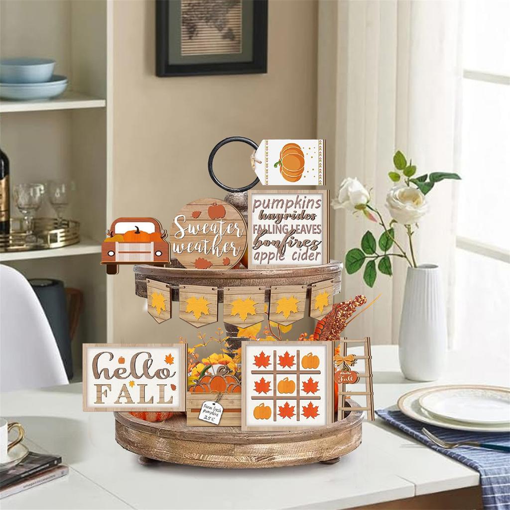 Fall Harvest Wooden Pumpkin Maple Leaf Thanksgiving Table Centerpiece Decor Set of 11 Colorful Home Party Decoration