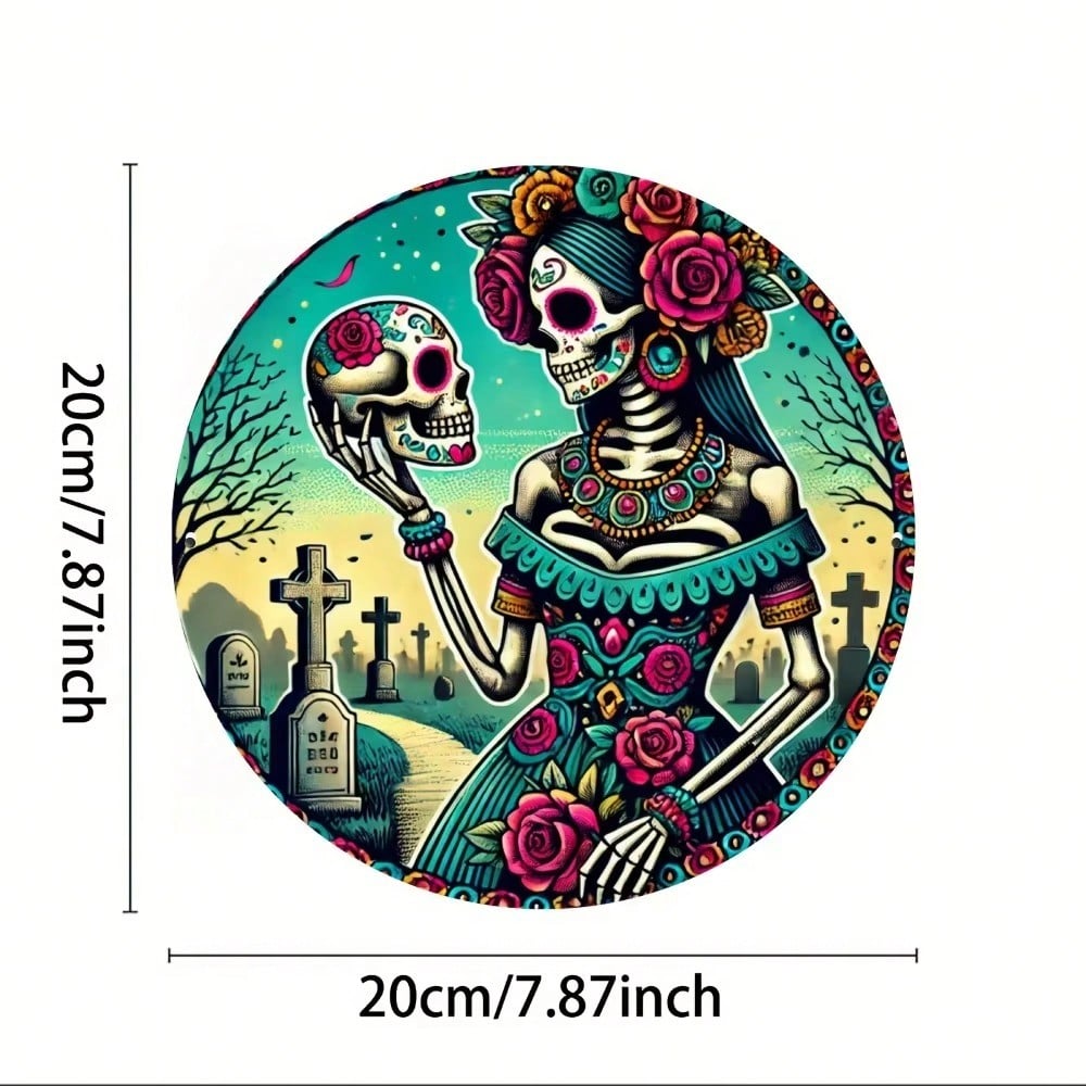 Sugar Skull Metal Wall Decor Round Sign Easy Hang Art Home Kitchen Garden Bedroom