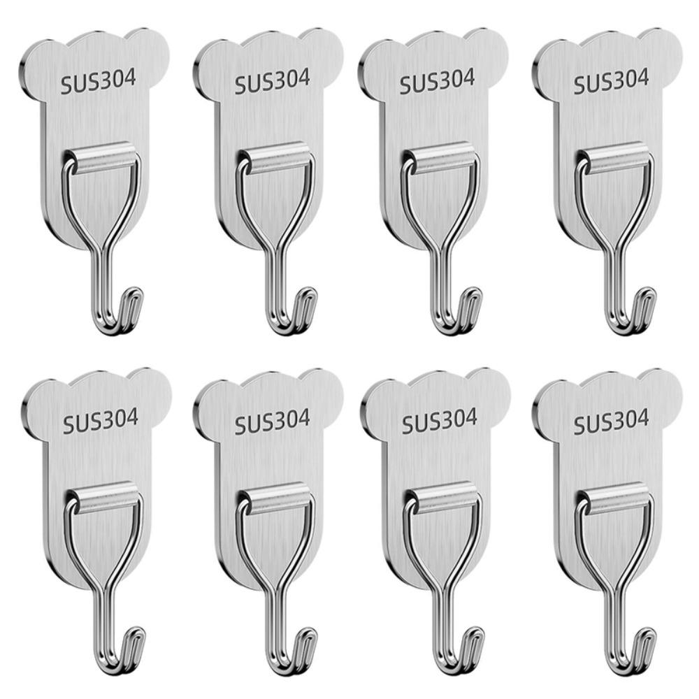 5/8PCS Bear Shape Sticky Hook Stainless Steel Door Behind Hook Self-adhesive Hook  Bathroom Kitchen