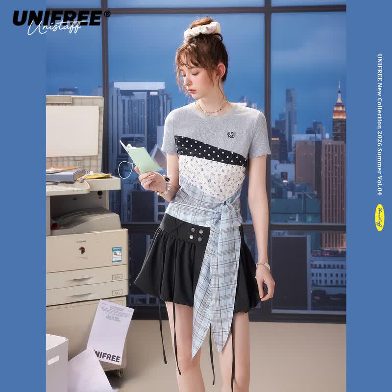 UNIFREE Women s Sweet-Cool Color Block Short Sleeve T-Shirt with Irregular Hem M