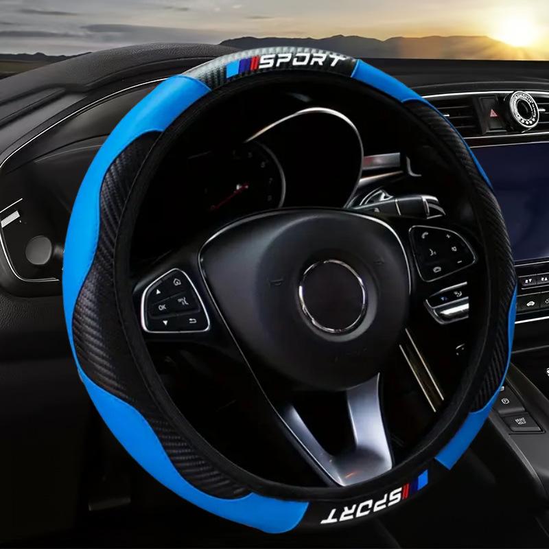 

38cm Carbon Fiber Pattern Faux Leather Steering Wheel Cover, Non-Slip, Sporty Style Car Steering Wheels Suitable for All Season синій