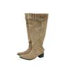 But knee boots women's autumn and winter khaki suede pointed boots children thick heel thin pleated piled boots