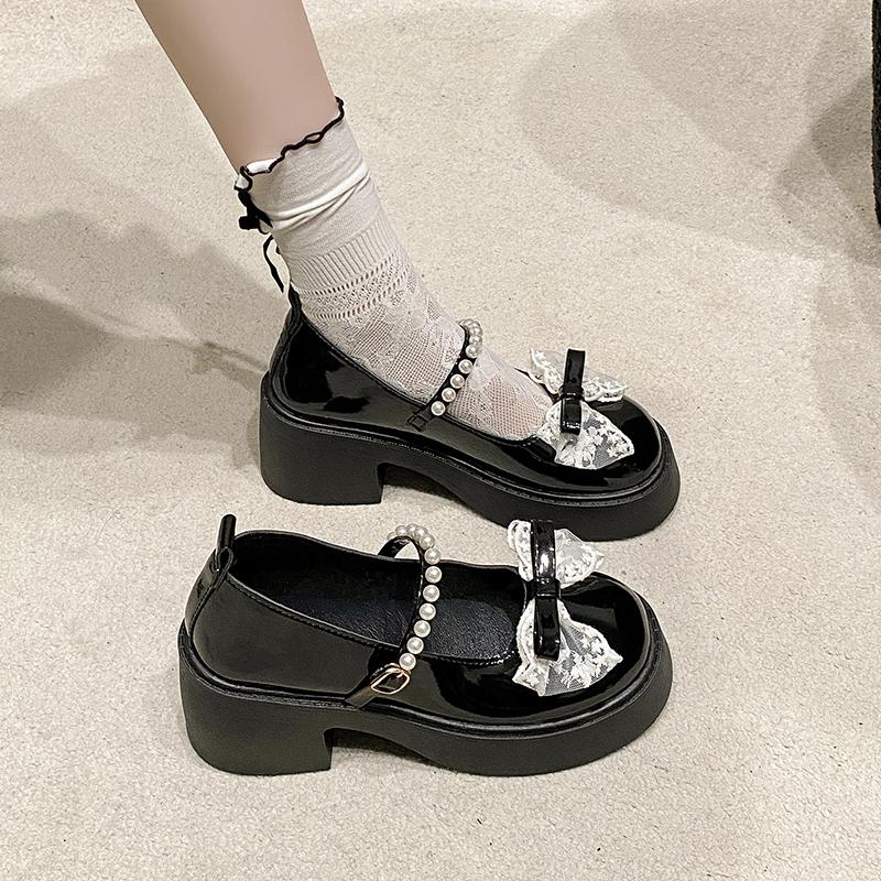 Fashion Chunky Heel Shoes Summer New Round Head Shallow Mouth Lace Butterfly Knot Metal Buckle Waterproof Platform Non-slip High Heels