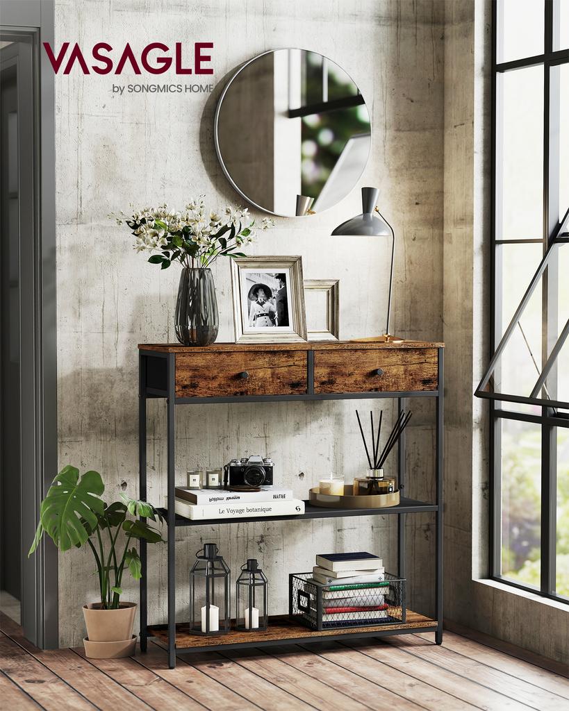 VASAGLE Narrow Console Table with 2 Fabric Drawers, 3-Tier Entryway Sofa Table, 24 x 76 x 80 cm, for Hallway, Living Room, Rustic Brown and Ink Black