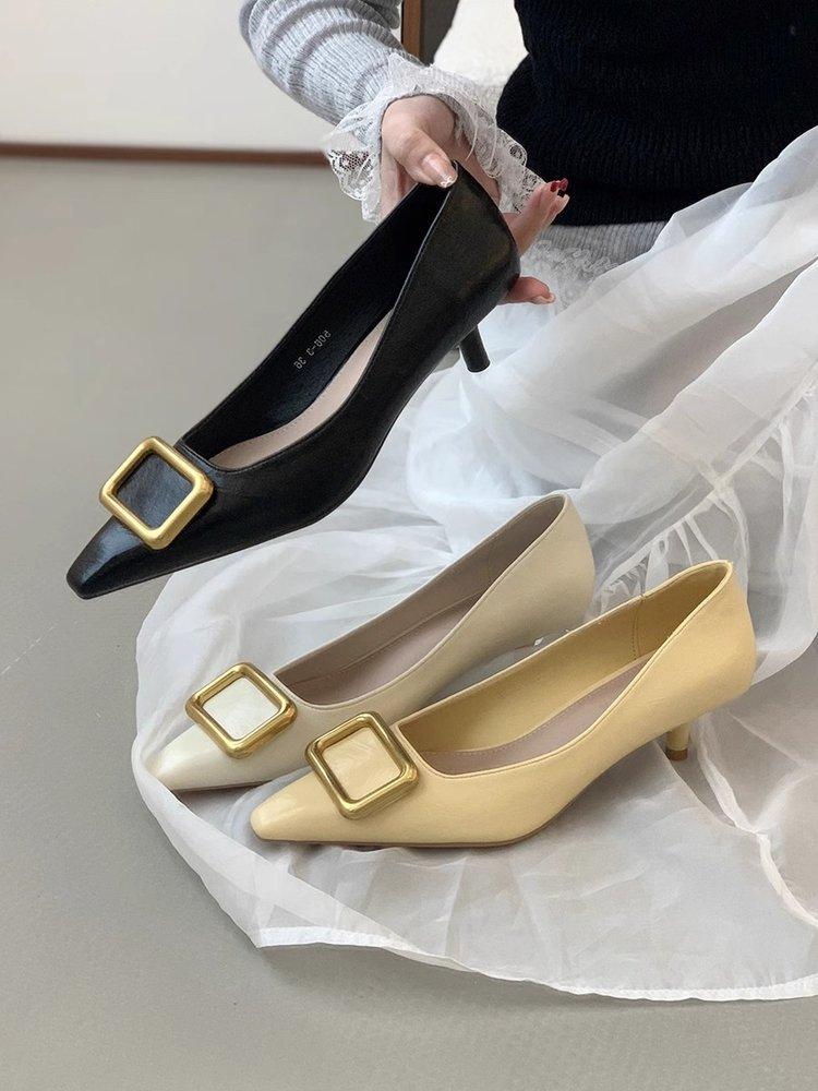 Korean Version of Pointed Thin Heel Low Heel Single Shoes Women's 2025 Spring New Pointed Metal Square Buckle Light Mouth Low Heel High Heels